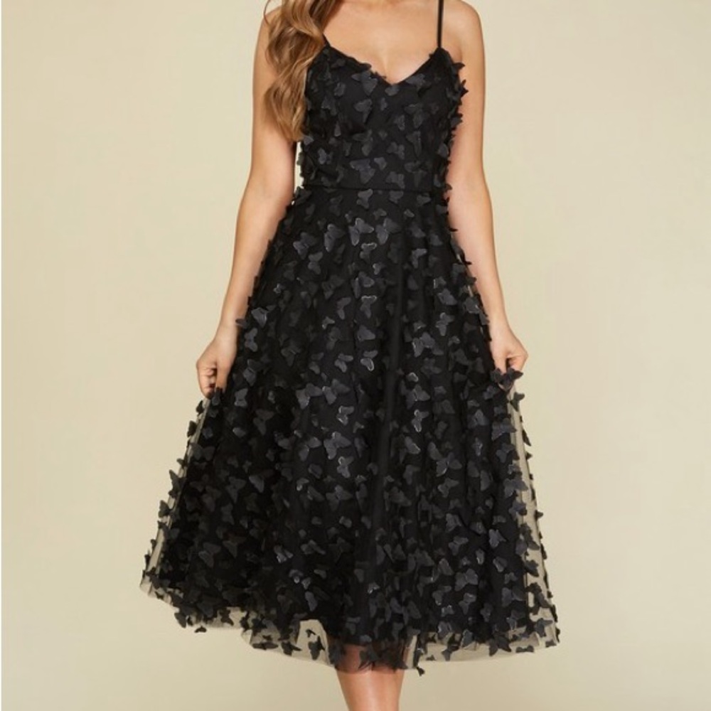 NWT Prom Dress corset tie‎ up prom 3D butterfly Formal - Black with silver  XS S